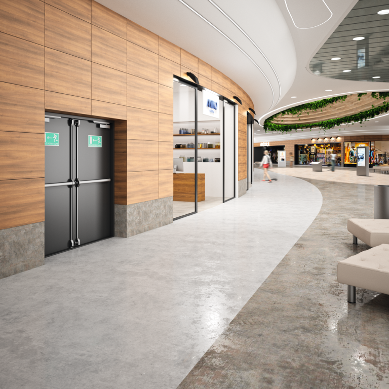 Couloir moderne d'un centre commercial avec porte de secours