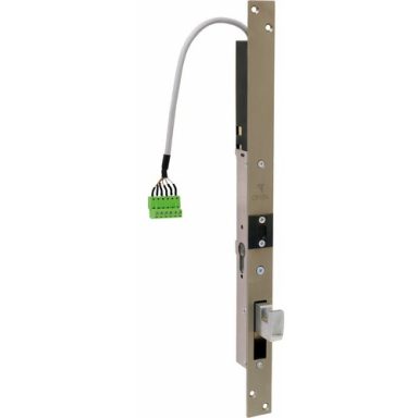Serrure à mortaise avec connecteur électrique et mécanisme de verrouillage.