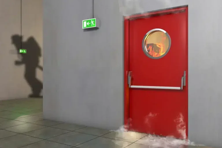 Porte de secours rouge avec une ombre projetée et de la vapeur s'échappant.