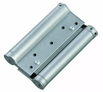 Charnière en métal argenté, avec trous pour fixation, design simple et fonctionnel.