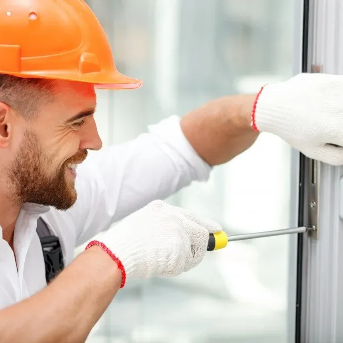 Homme en gilet et casque orange, utilisant un tournevis pour installer une serrure.