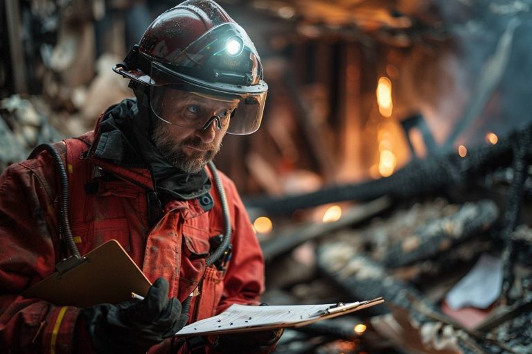 Un pompier en action, examinant des notes dans un environnement brûlé et dangereux.